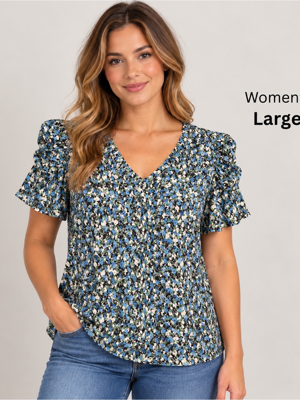 Blue Floral V-Neck Puff Sleeve Top SIE LARGE